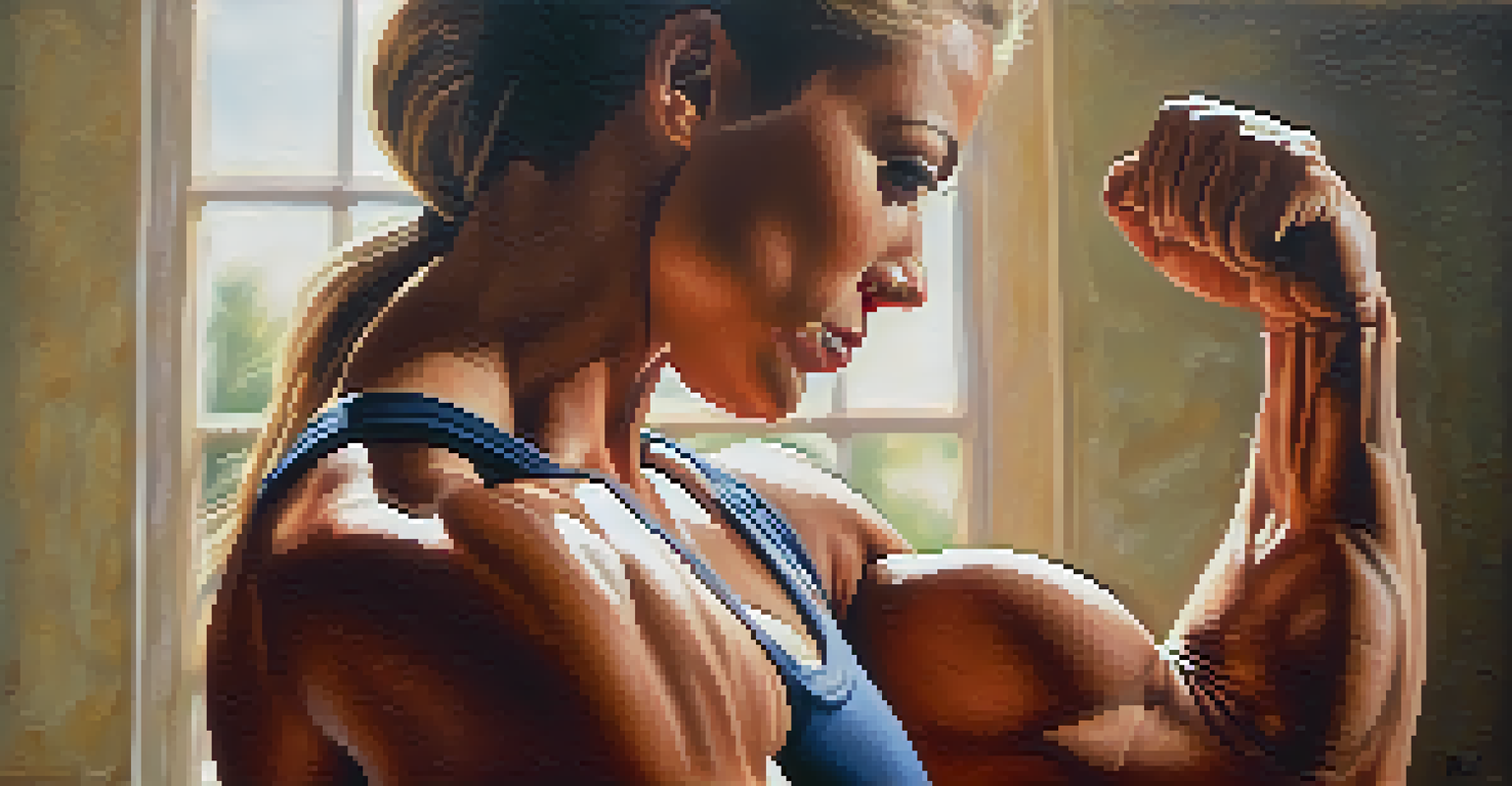 A close-up of a proud female bodybuilder flexing her muscular arm in natural light.