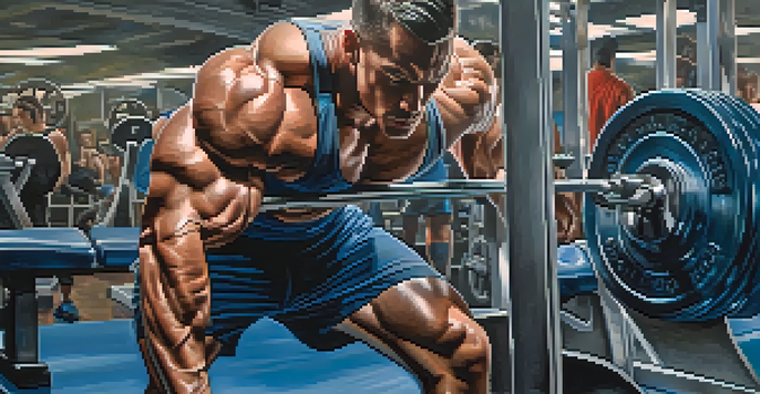 A bodybuilder lifting weights on a bench press in a bright gym, with focused expression and detailed surroundings.