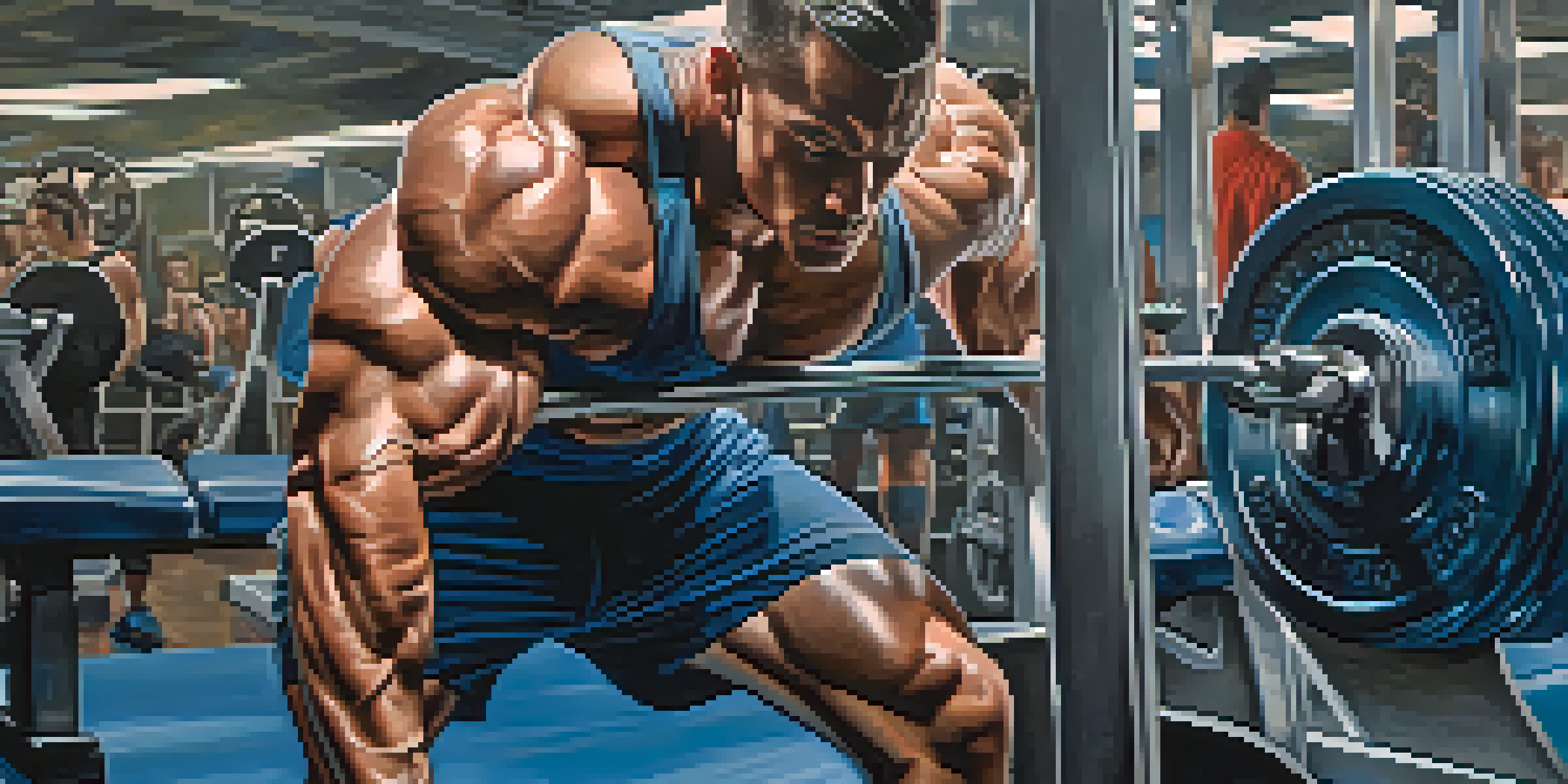 A bodybuilder lifting weights on a bench press in a bright gym, with focused expression and detailed surroundings.