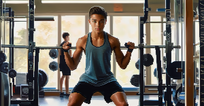 A teenager lifting lighter weights in a gym, demonstrating proper form and determination.