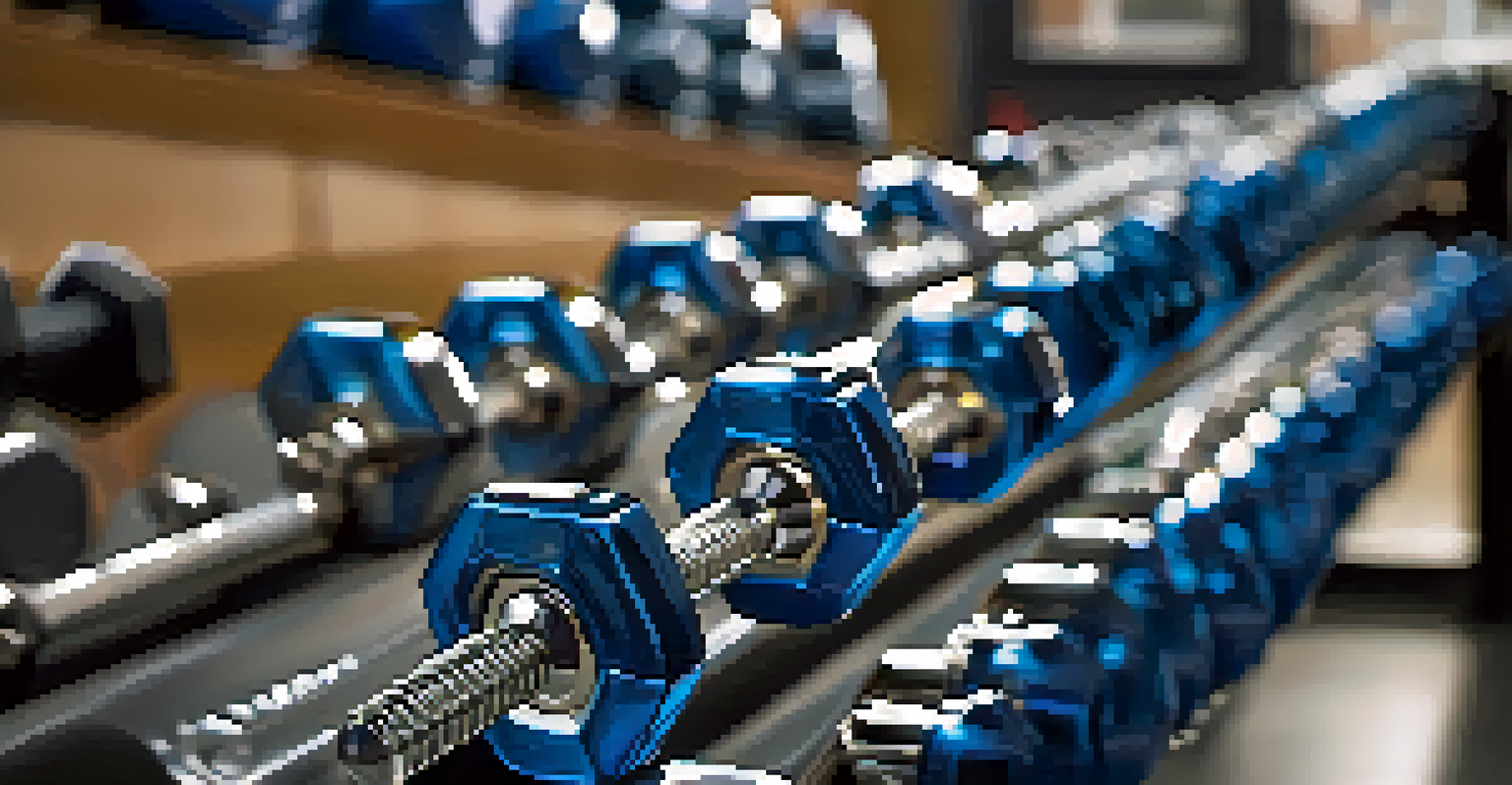 Close-up of dumbbells on a gym bench with a blurred bodybuilder exercising in the background.