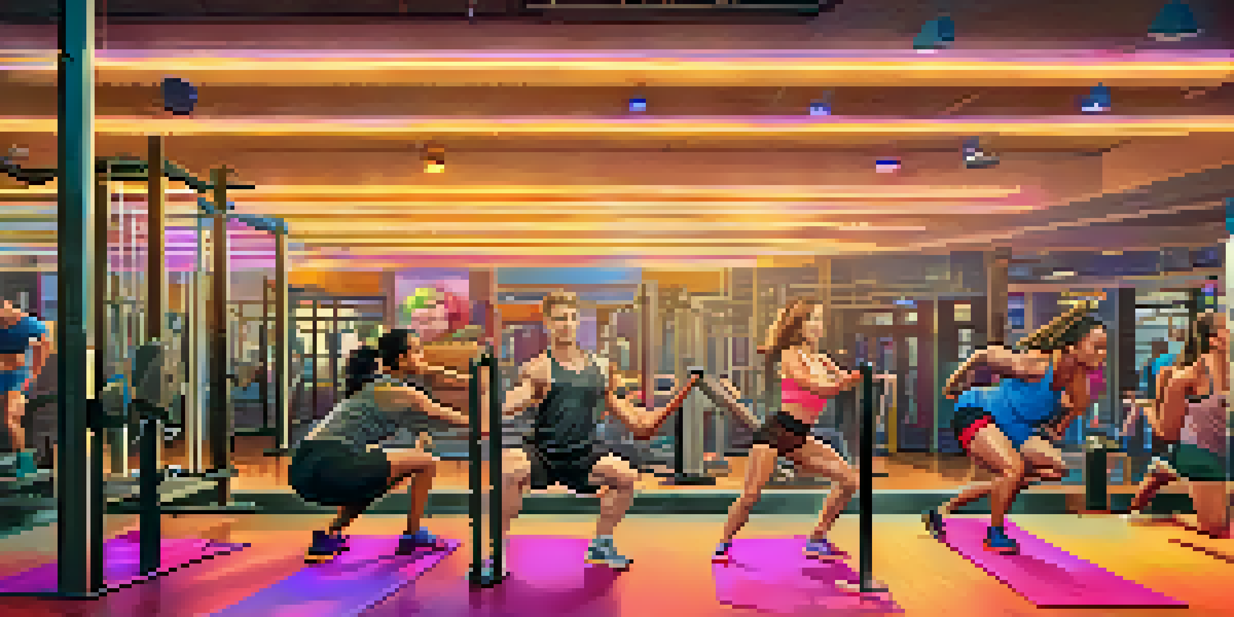 A diverse group of individuals working out in a gym, showcasing energy and determination.