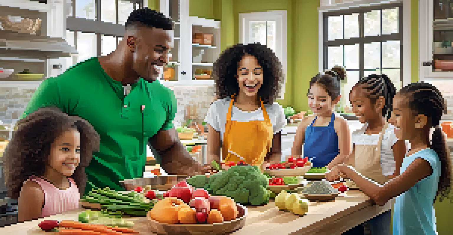 Children in a kitchen class learning about healthy cooking with a bodybuilder and a nutritionist, surrounded by fresh ingredients.
