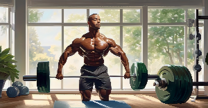 A dedicated bodybuilder lifting weights while practicing mindfulness in a peaceful gym setting with natural light and plants.