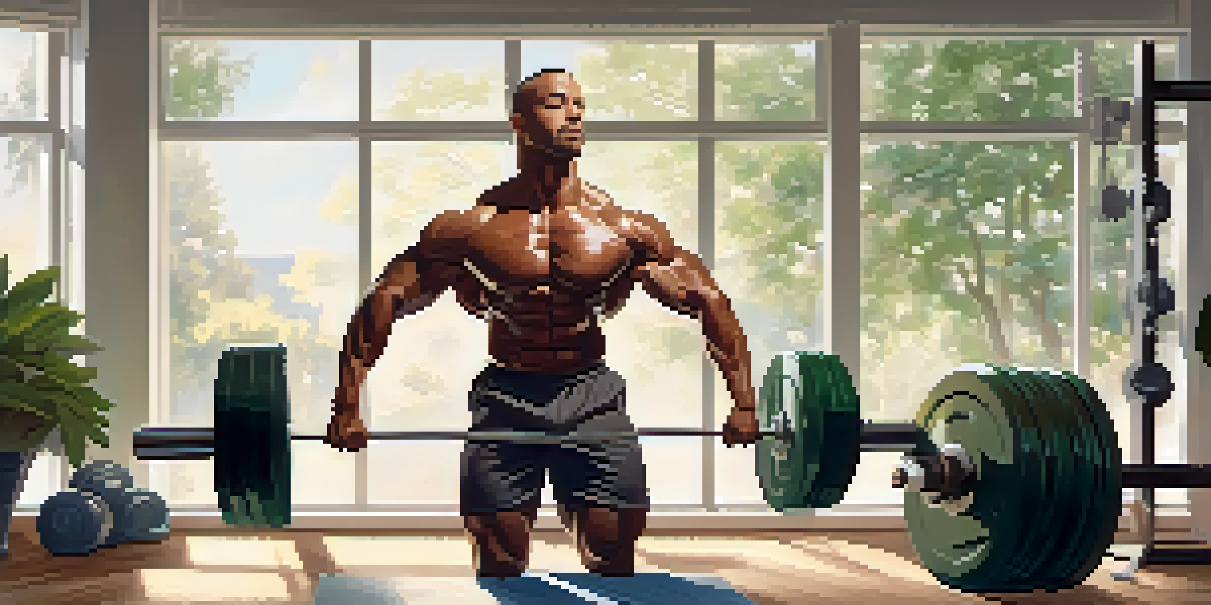A dedicated bodybuilder lifting weights while practicing mindfulness in a peaceful gym setting with natural light and plants.