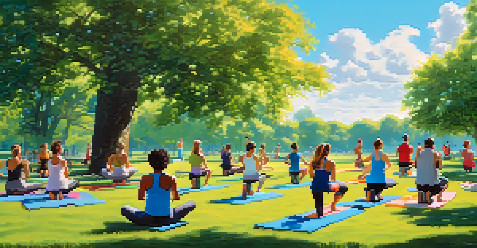 A diverse group of people exercising outdoors in a park, surrounded by greenery and a sunny sky.