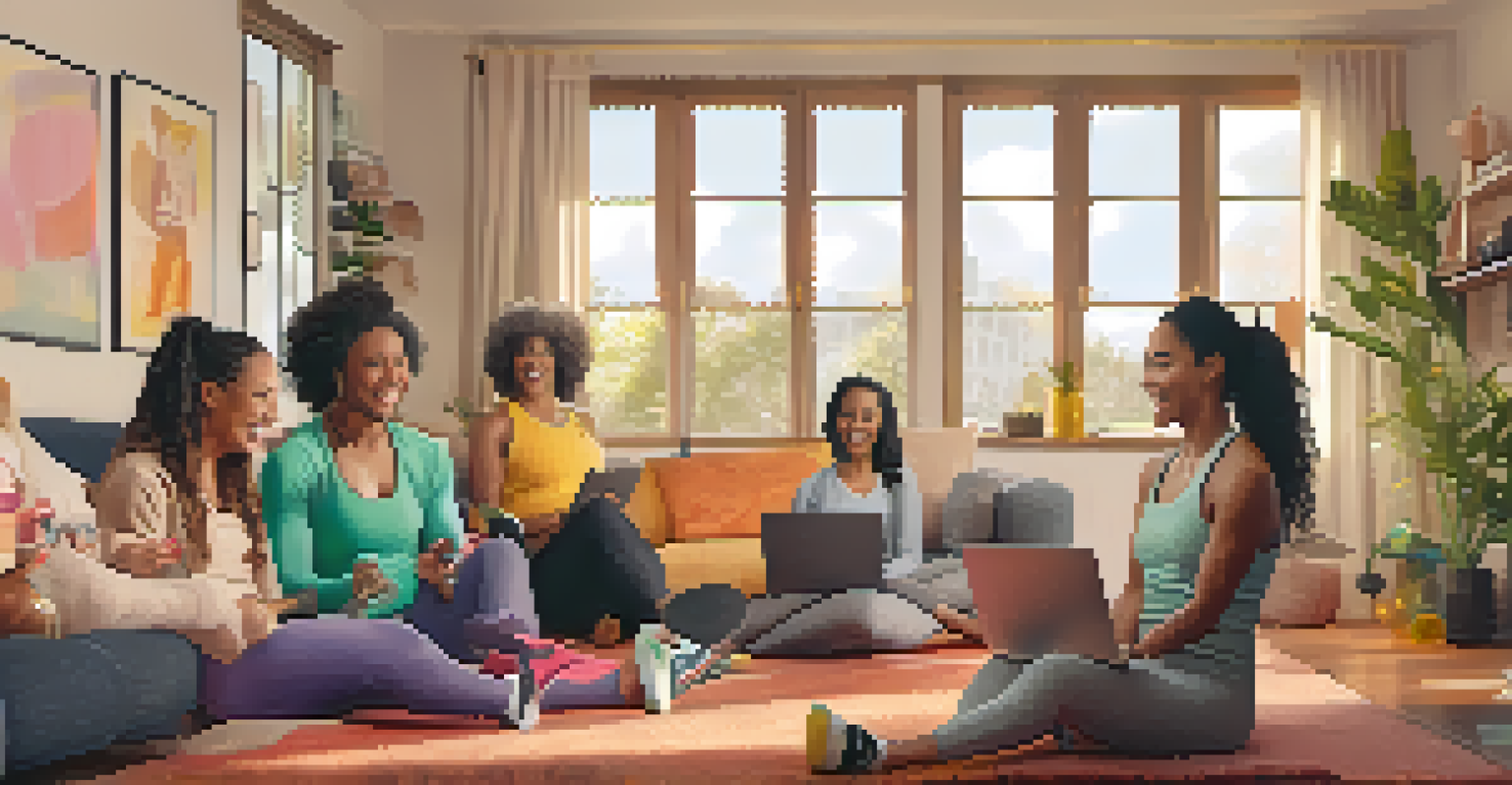 A diverse group of individuals excitedly participating in an online fitness challenge around a laptop in a cozy living room.