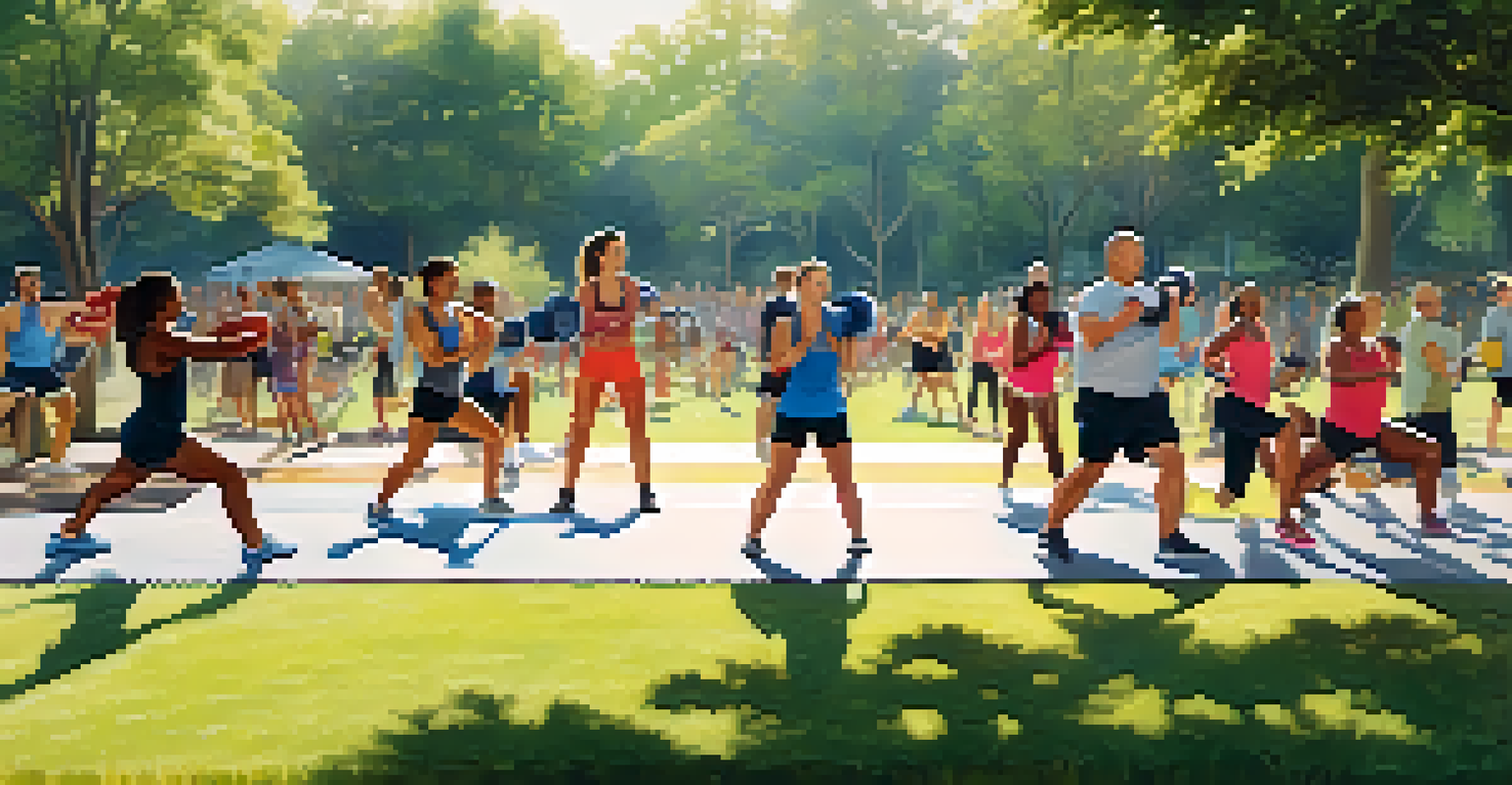 A diverse group of people exercising in a sunny park.