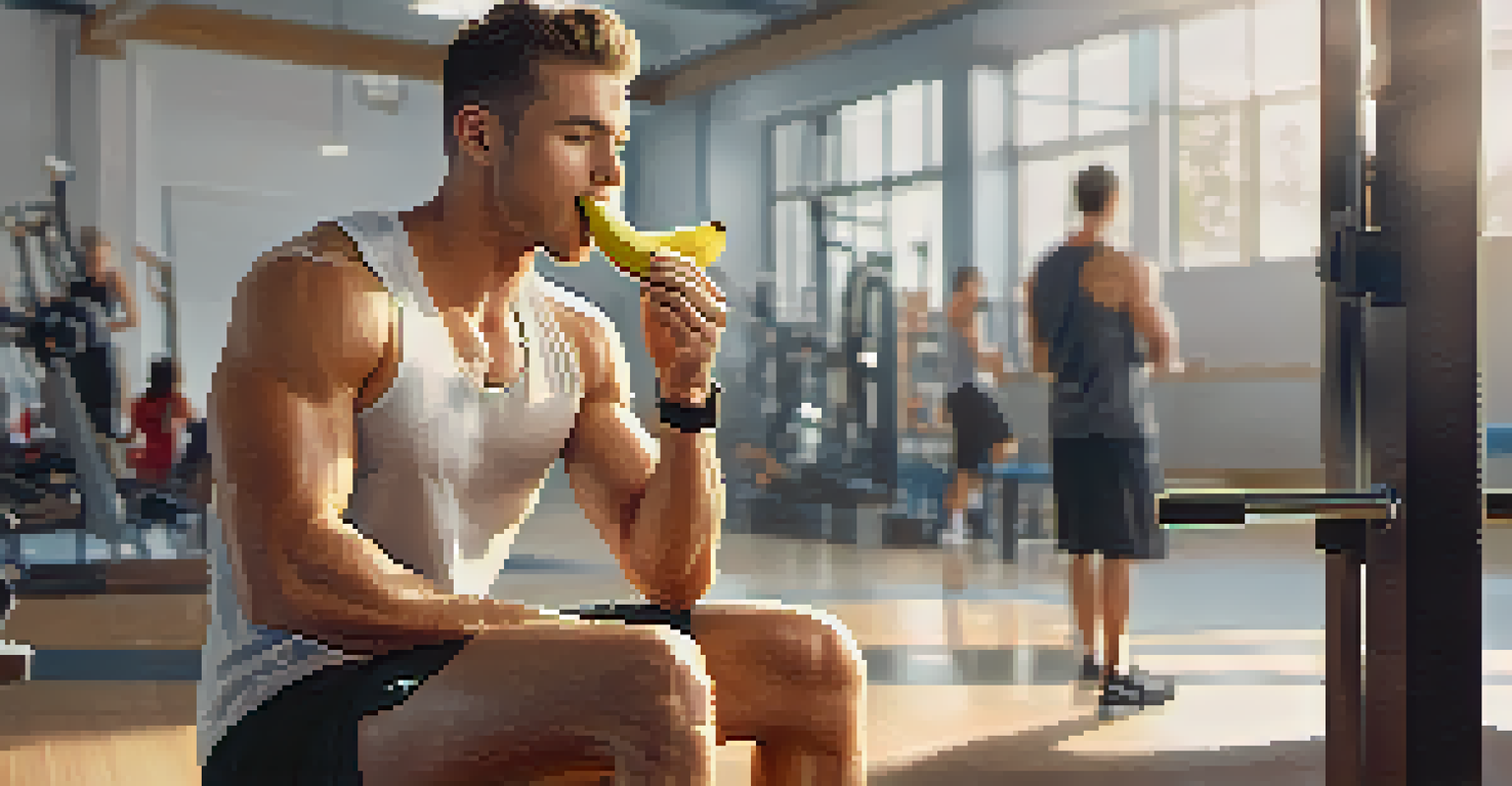 An athlete eating a banana before a workout in a bright gym, with a protein bar on a bench, surrounded by exercise equipment.