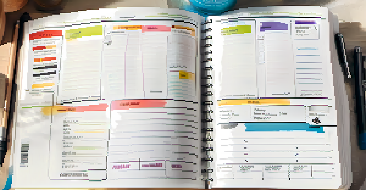 An open fitness journal with notes and a pen on a desk, surrounded by workout gear.