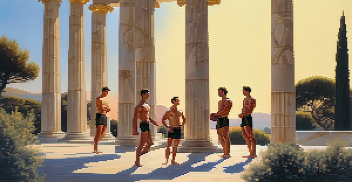 A group of ancient Greek athletes training in a scenic landscape with marble columns and olive trees, illuminated by a golden sunset.