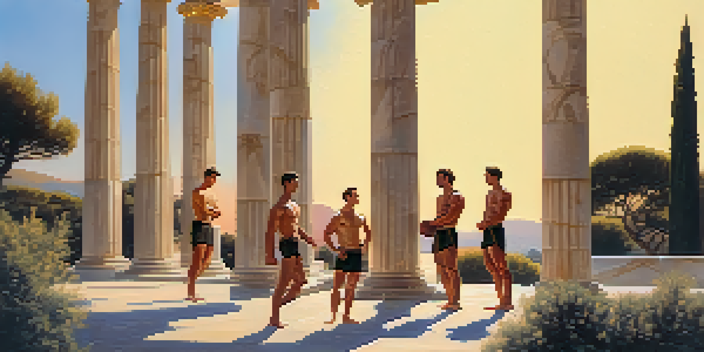 A group of ancient Greek athletes training in a scenic landscape with marble columns and olive trees, illuminated by a golden sunset.