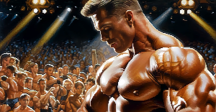 A bodybuilder flexing on stage with bright lights and an audience in the background, showcasing their defined muscles.