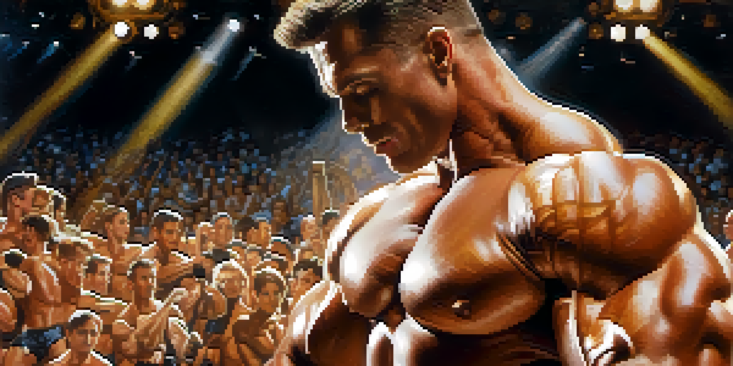 A bodybuilder flexing on stage with bright lights and an audience in the background, showcasing their defined muscles.
