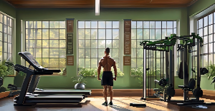 A bodybuilder stretching in a sunlit gym filled with fitness equipment and motivational posters.