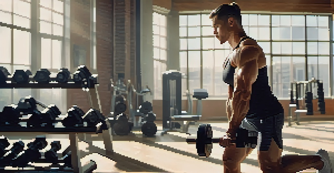A muscular fitness trainer performing bicep curls in a bright gym setting.