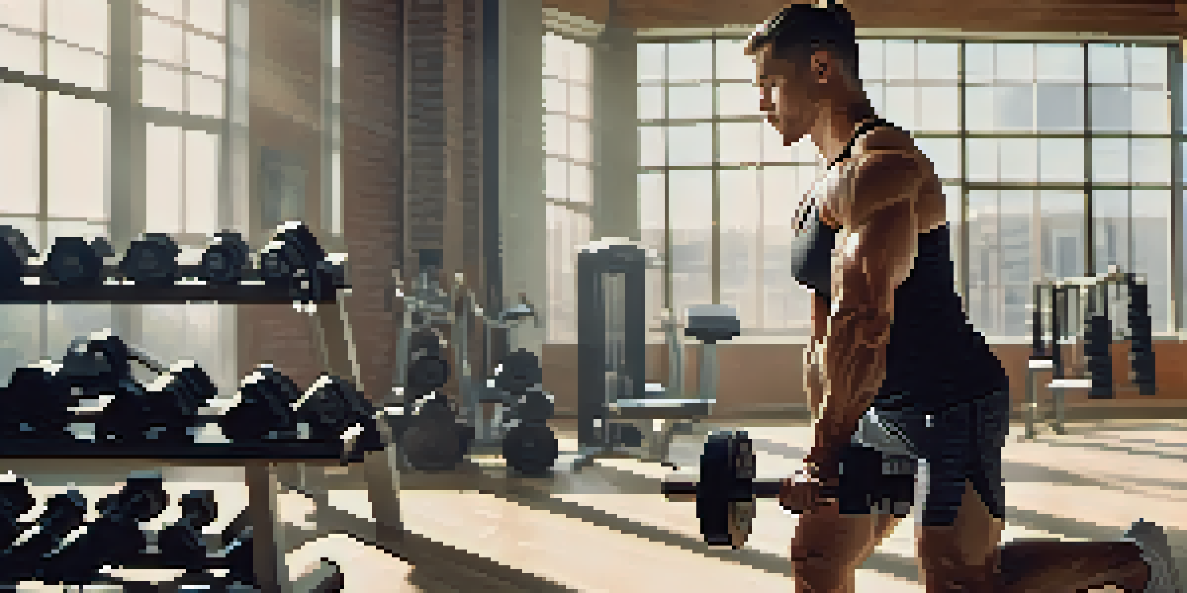 A muscular fitness trainer performing bicep curls in a bright gym setting.