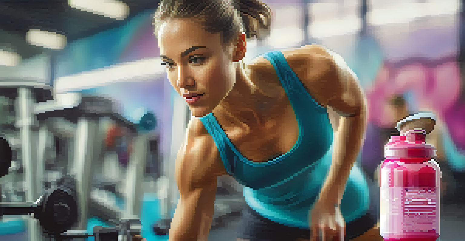A fitness enthusiast mixing a protein shake in a shaker bottle in a gym, with a focused expression and gym equipment blurred in the background.