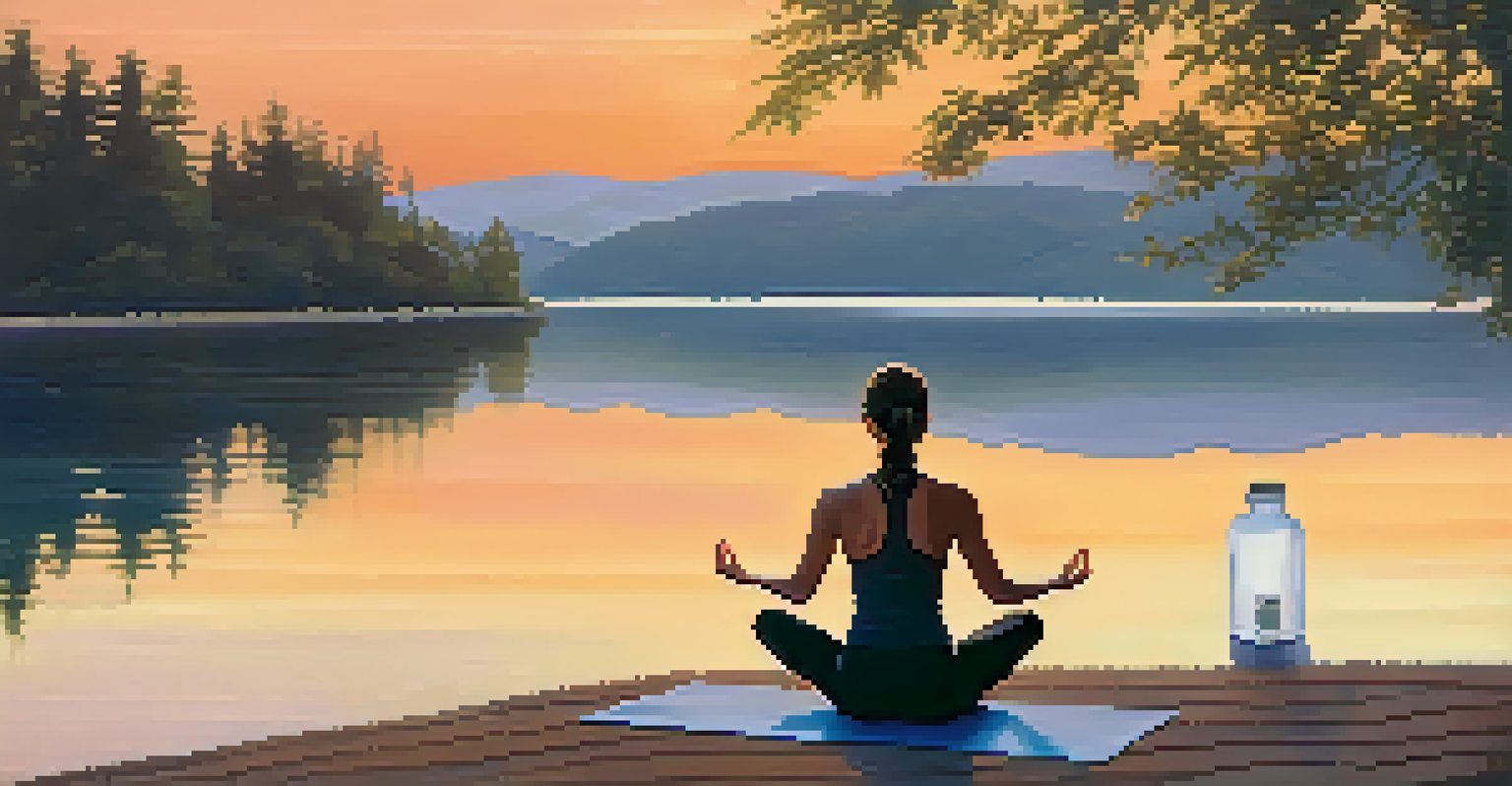 A person practicing yoga by a peaceful lake at sunrise, emphasizing wellness and hydration.