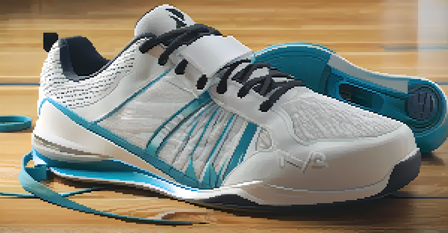 A close-up of high-quality workout shoes on a gym floor, with a dumbbell and resistance band in the background.
