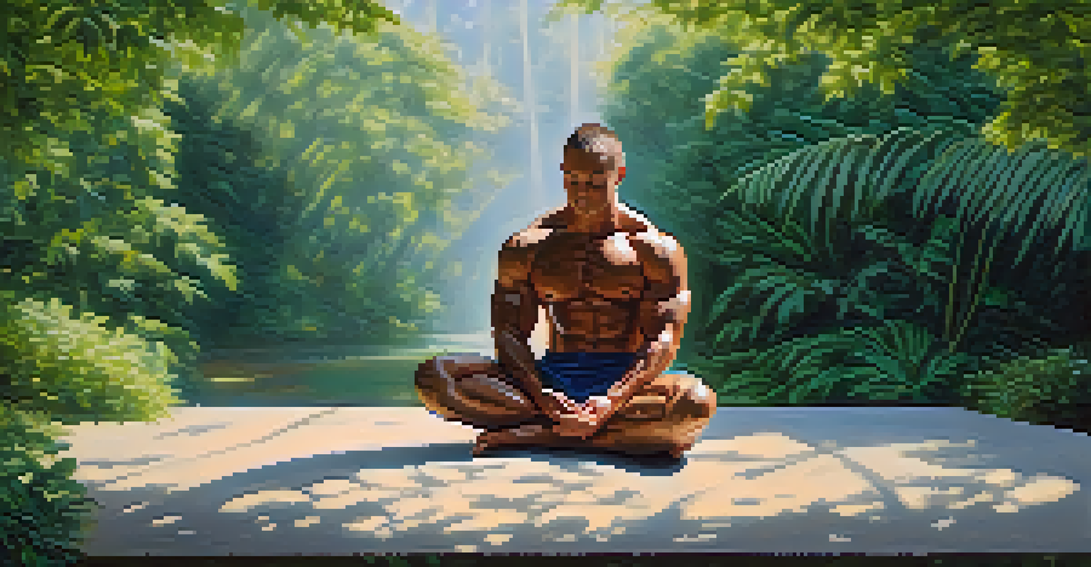 A bodybuilder meditating in a peaceful green setting, embodying calmness and mental preparation.