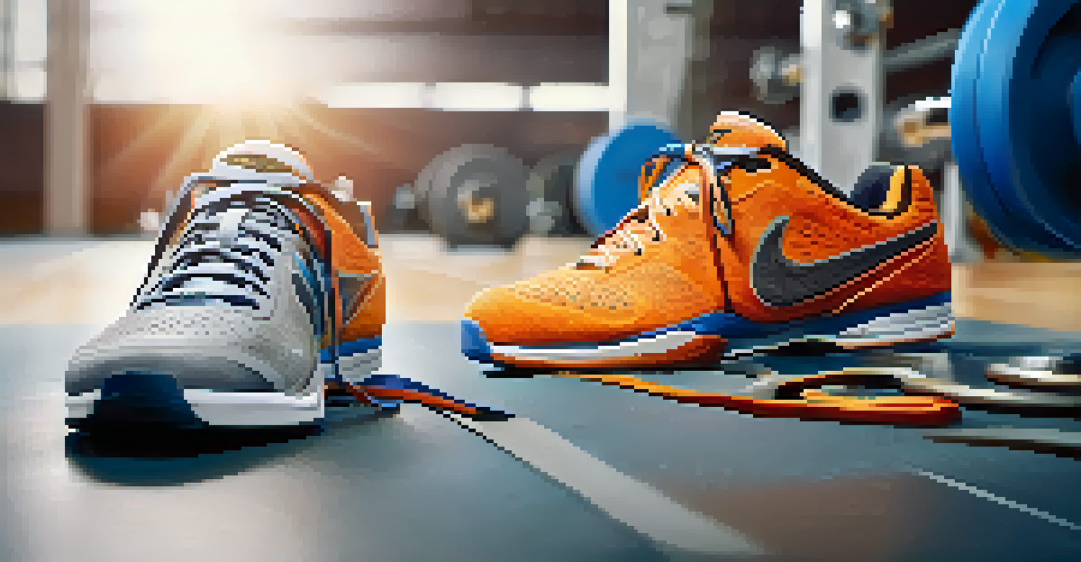 Close-up of a pair of weightlifting shoes on a gym floor, showcasing their grip and support features.