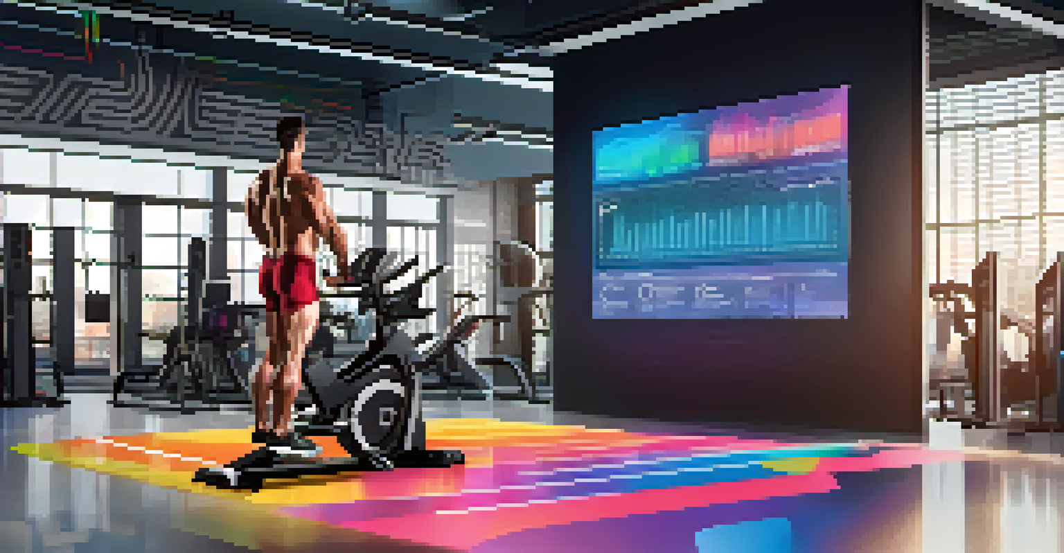 An AI visualizing workout data on a digital screen in a futuristic gym, with a bodybuilder observing the metrics.