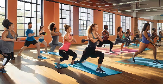 A diverse group of individuals exercising in a gym, representing different body types and workout styles, with warm lighting and colorful equipment.