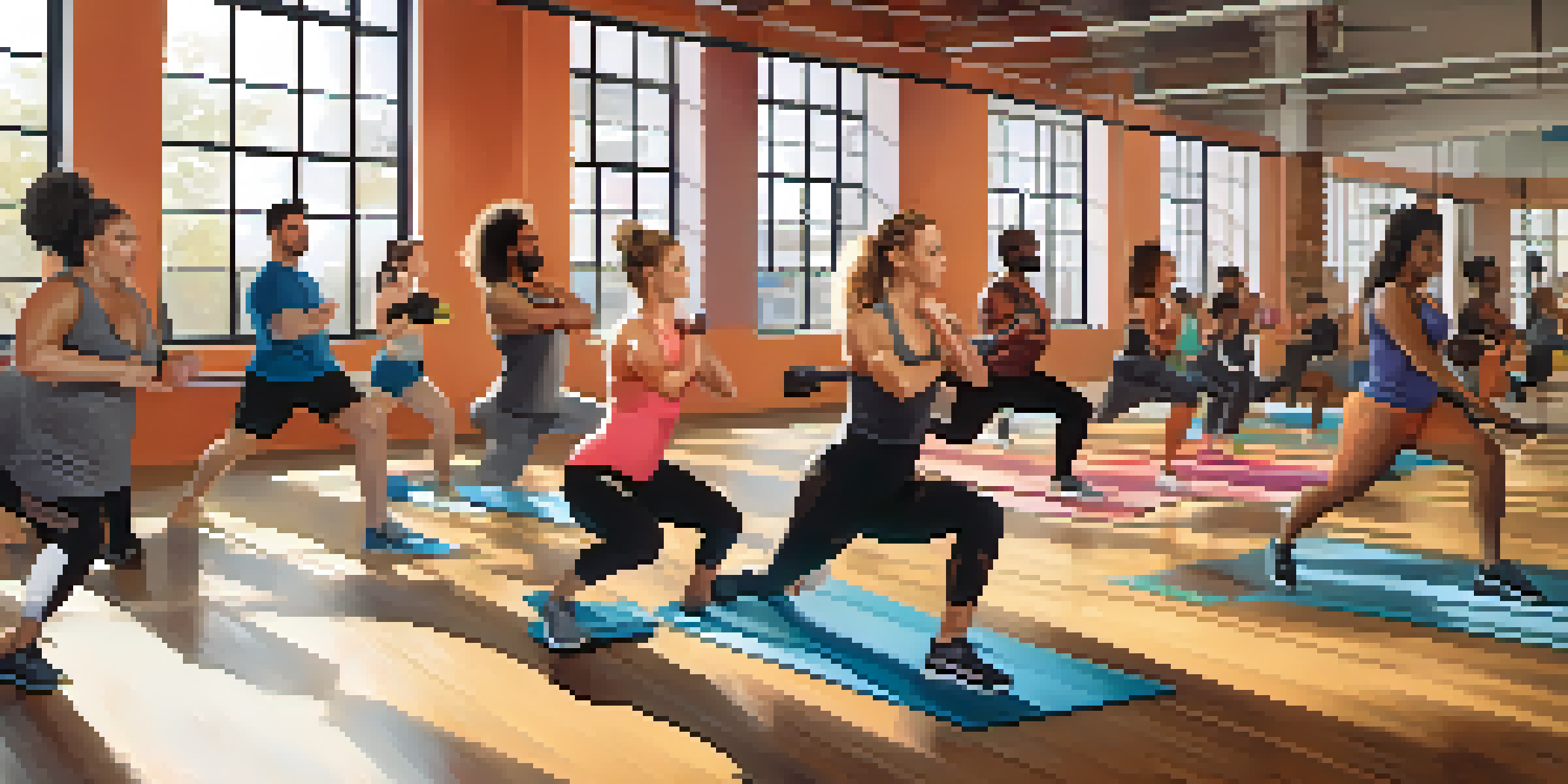 A diverse group of individuals exercising in a gym, representing different body types and workout styles, with warm lighting and colorful equipment.