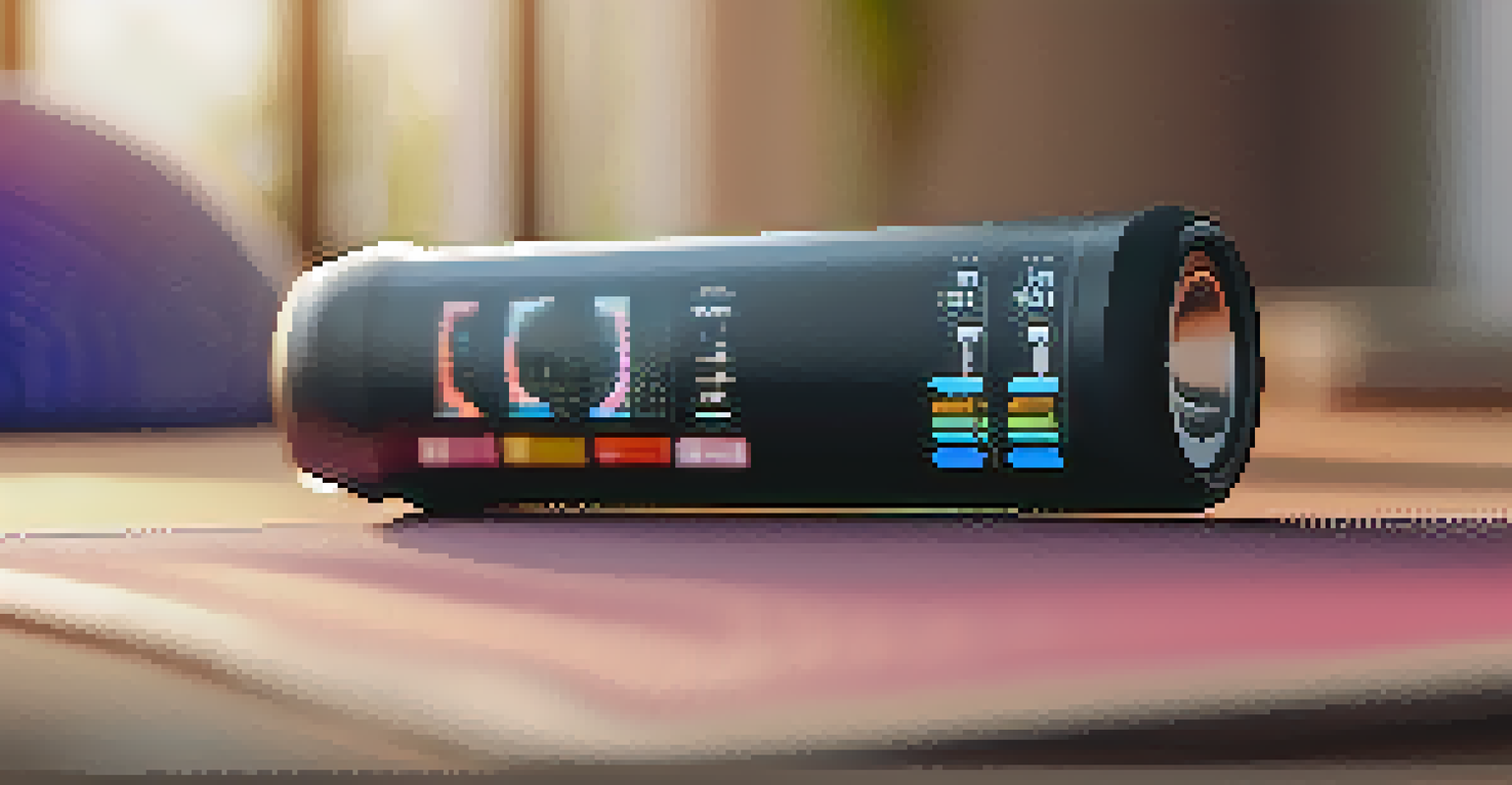 A digital fitness tracker showing stats, with weights and yoga mat in the background.