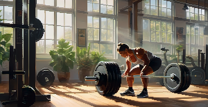 A lifter focusing on their breath while performing a deadlift in a serene gym with natural light and plants.