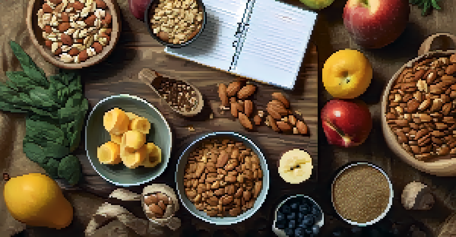A flat lay of healthy foods like fruits and nuts, along with a notepad and pen for meal planning, on a rustic kitchen surface.