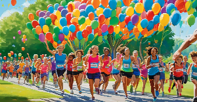 A diverse group of runners participating in a charity fitness event in a sunny park, with colorful athletic gear and a lively atmosphere.