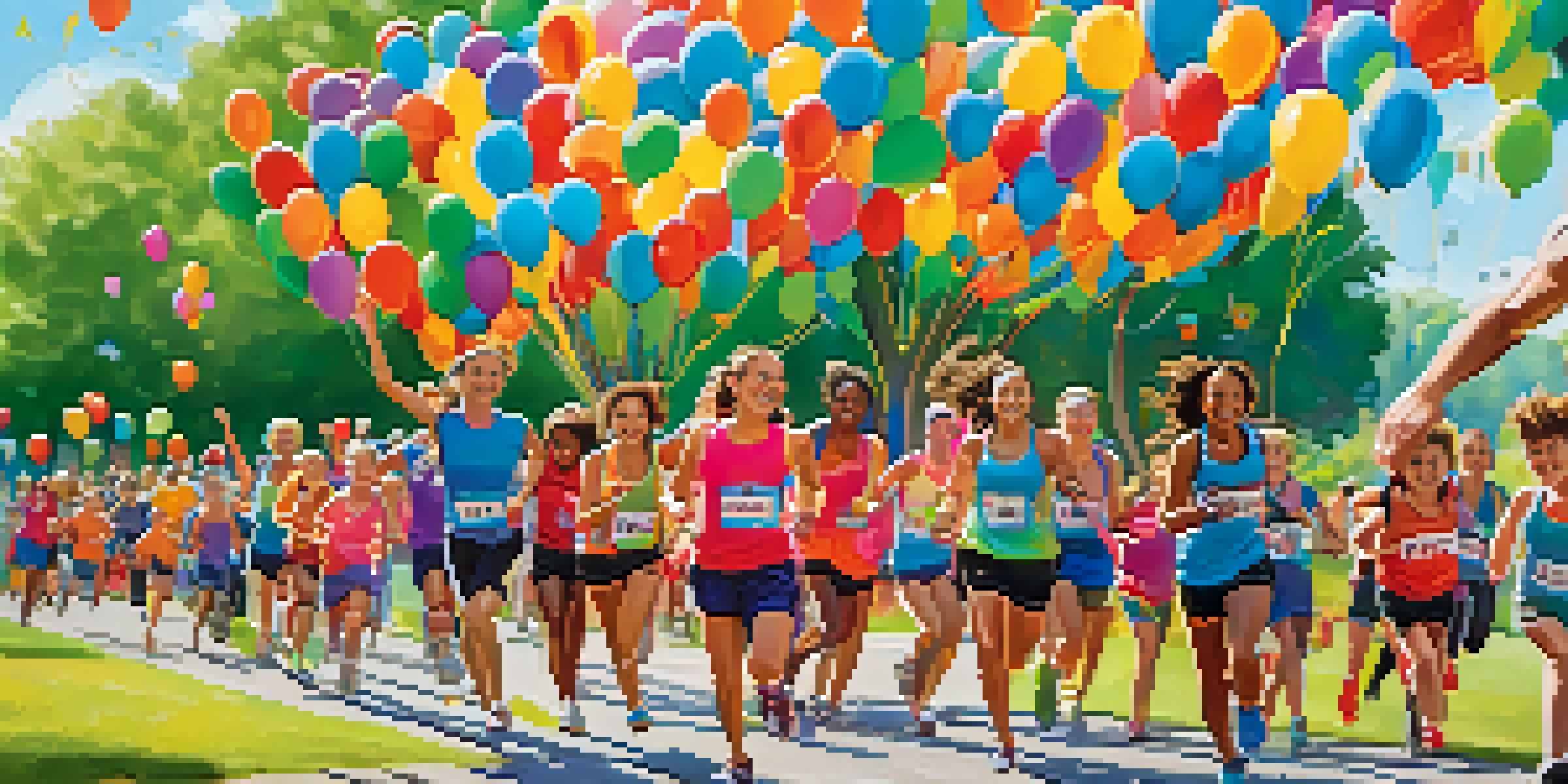 A diverse group of runners participating in a charity fitness event in a sunny park, with colorful athletic gear and a lively atmosphere.