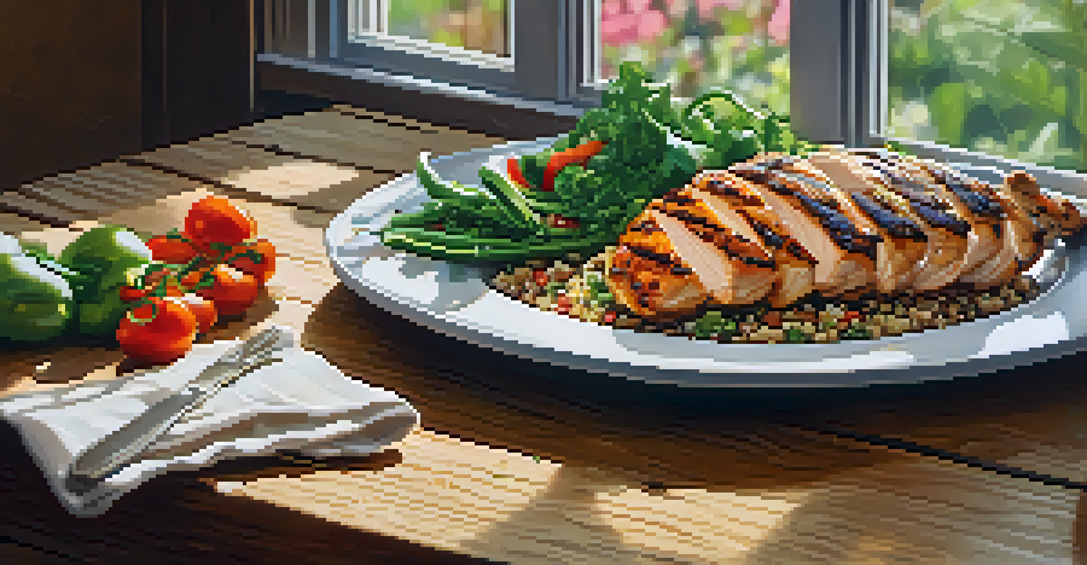 A close-up of a healthy meal with grilled chicken, quinoa, and colorful vegetables on a wooden table.