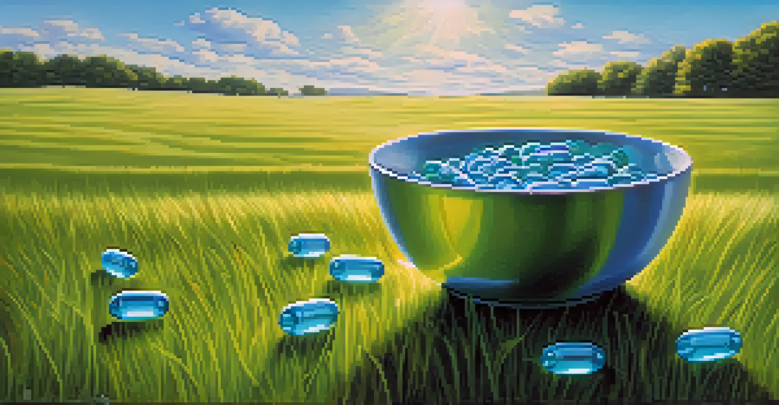 A bowl of fish oil capsules on green grass under a bright blue sky, symbolizing health and wellness.