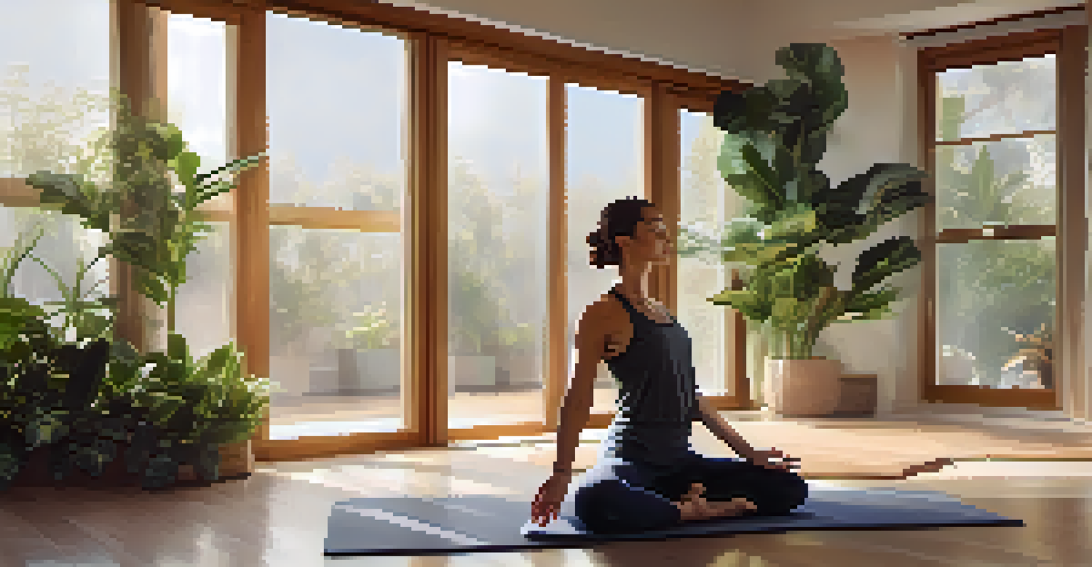 A person practicing yoga in a peaceful indoor space with natural light and plants.