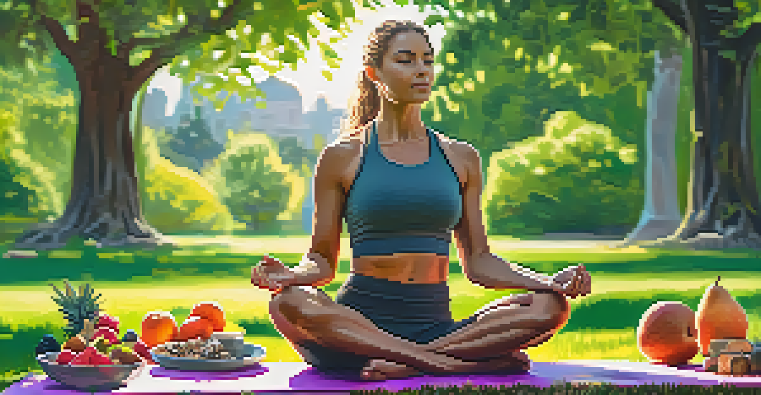 A vegan athlete sitting on a yoga mat in a park, enjoying a meal with fruits and nuts, surrounded by greenery and flowers.