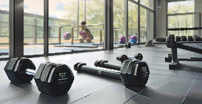 A set of adjustable dumbbells on a gym mat, with a blurred figure exercising in the background, highlighting versatility in training.