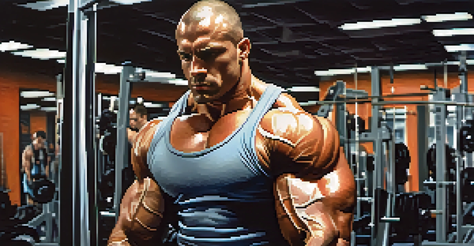 A bodybuilder lifting weights in a modern, well-lit gym, showcasing intense concentration and defined muscles.