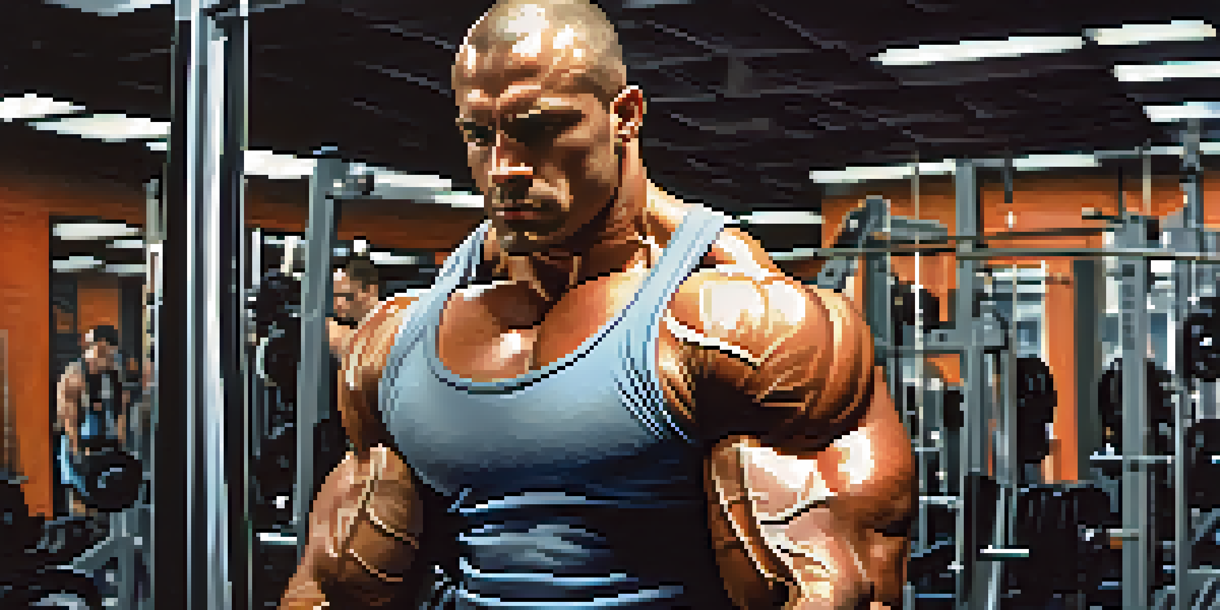 A bodybuilder lifting weights in a modern, well-lit gym, showcasing intense concentration and defined muscles.