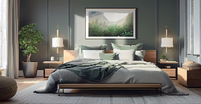 A peaceful bedroom with a neatly made bed, dim lighting, blackout curtains, and a white noise machine, creating a tranquil atmosphere for sleep.