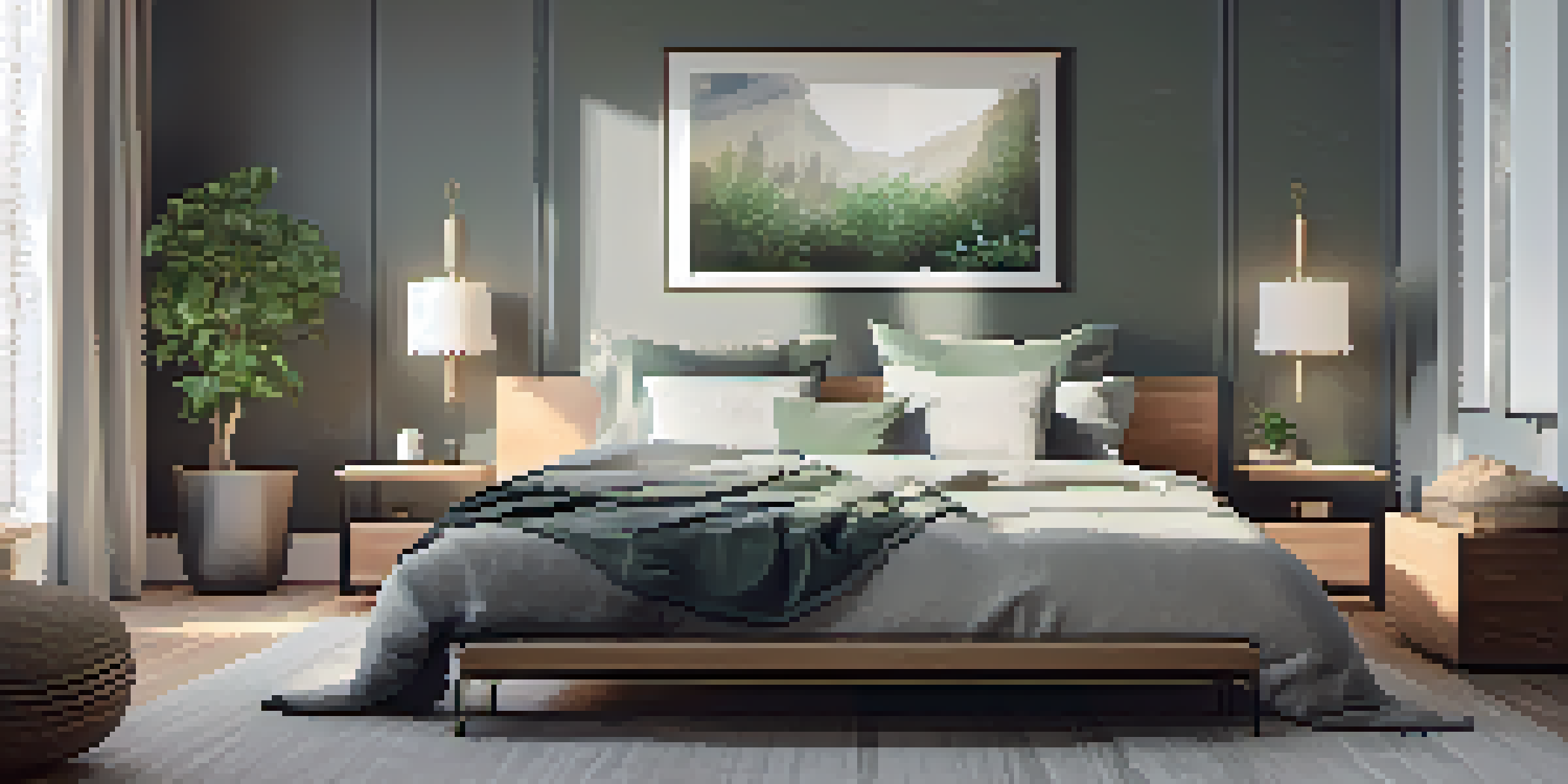 A peaceful bedroom with a neatly made bed, dim lighting, blackout curtains, and a white noise machine, creating a tranquil atmosphere for sleep.