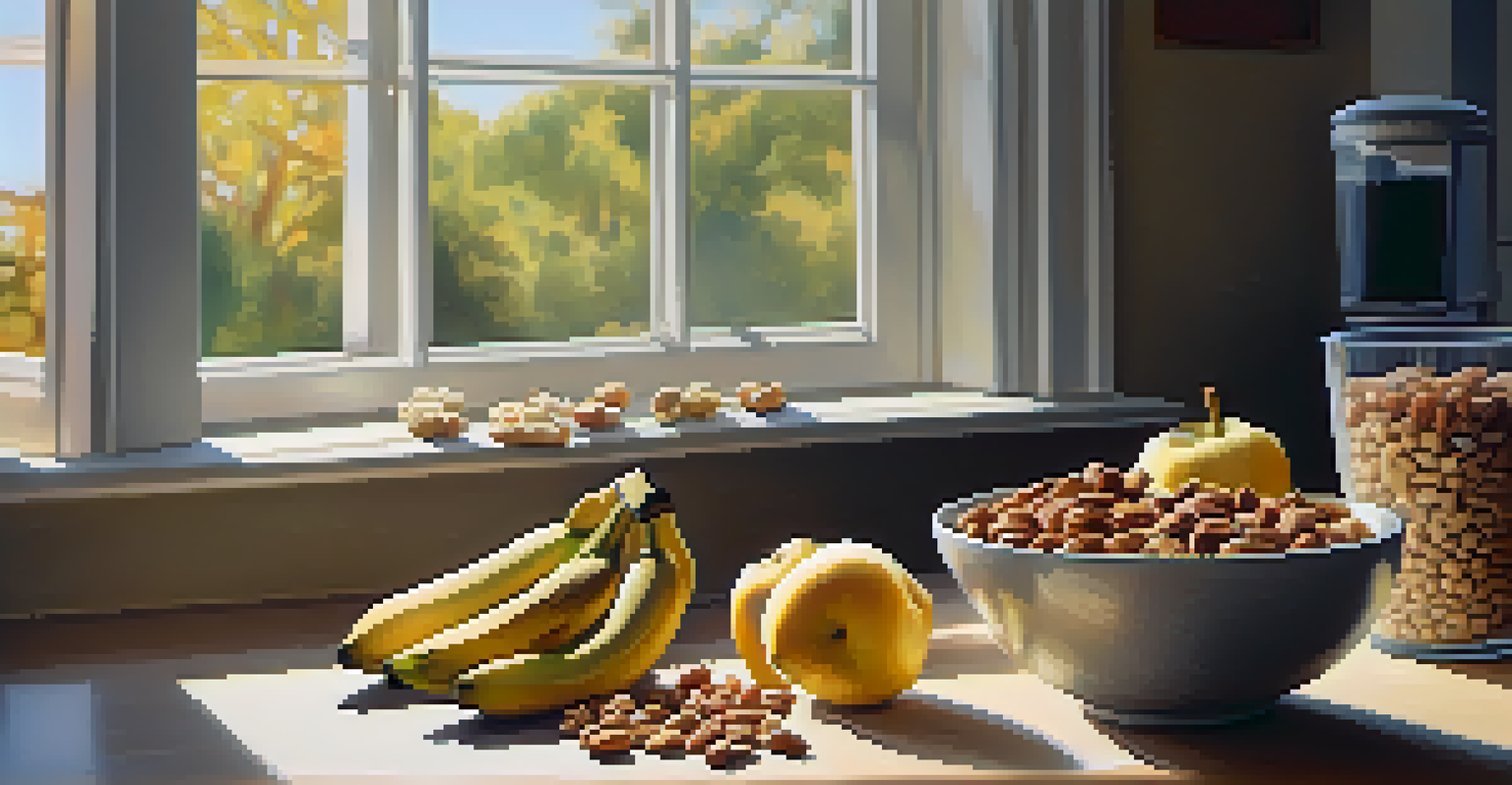 A kitchen countertop with a bowl of mixed nuts, a scoop of BCAA powder, and a protein shake, surrounded by fresh fruits.