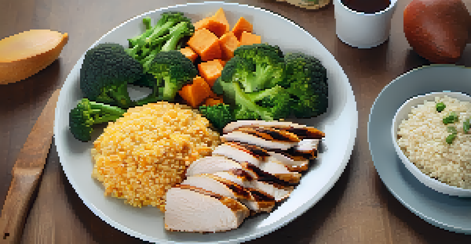A healthy meal plate for bodybuilders with grilled chicken, quinoa, and vegetables on a wooden table.