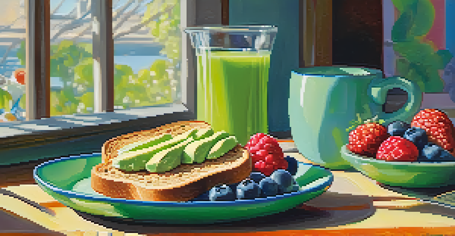 A colorful breakfast with avocado toast, fresh fruits, and a cup of green tea, bathed in bright morning sunlight.