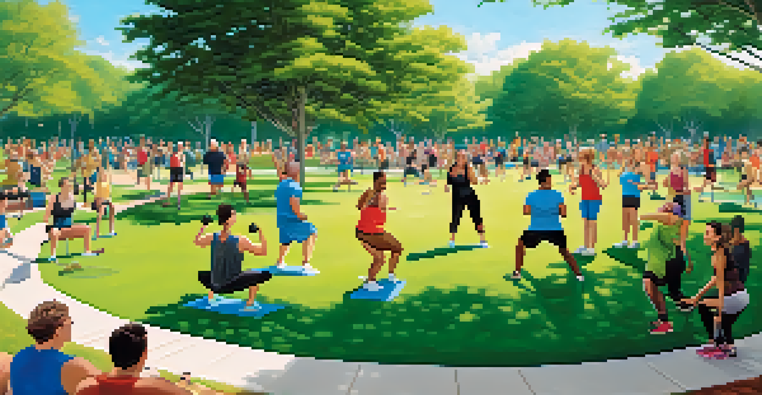 A diverse group of adults working out together in a park, surrounded by greenery and a clear blue sky, highlighting community in fitness.