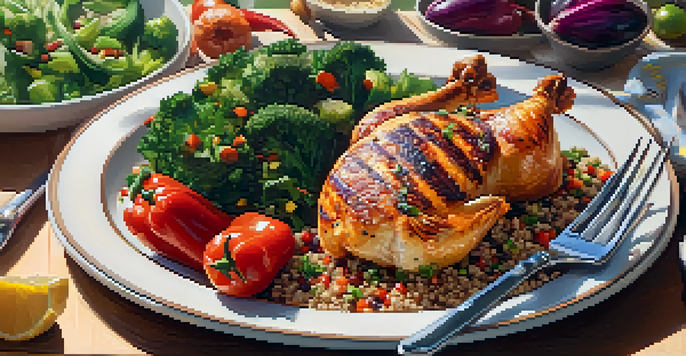 A plate featuring grilled chicken, quinoa, and various vegetables, with a measuring scale visible in the background, highlighting a healthy meal.