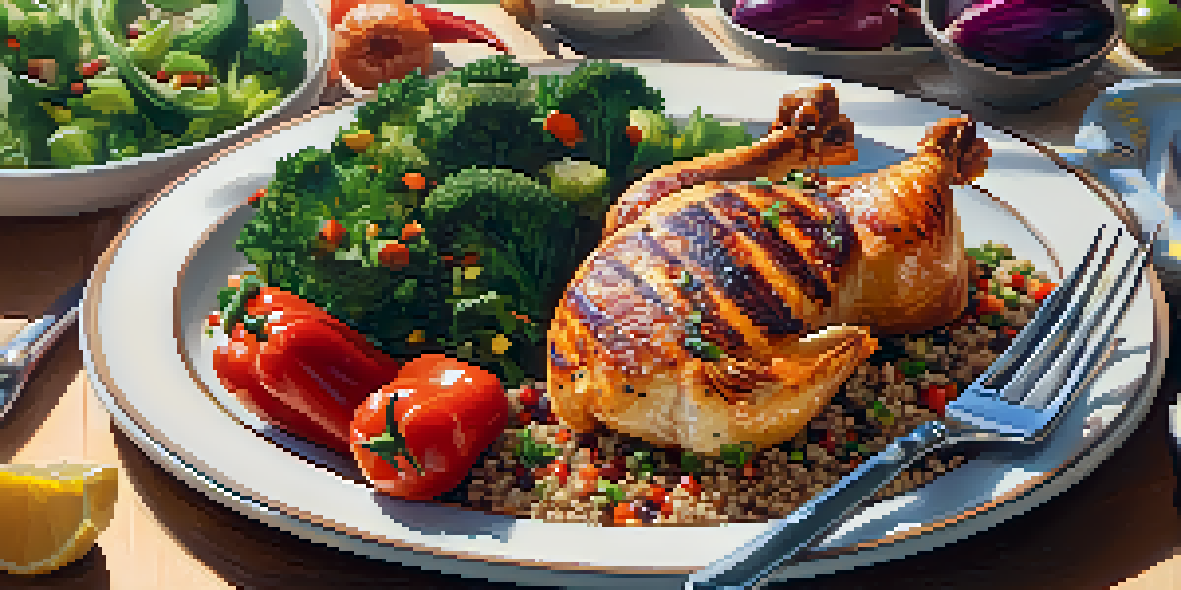 A plate featuring grilled chicken, quinoa, and various vegetables, with a measuring scale visible in the background, highlighting a healthy meal.