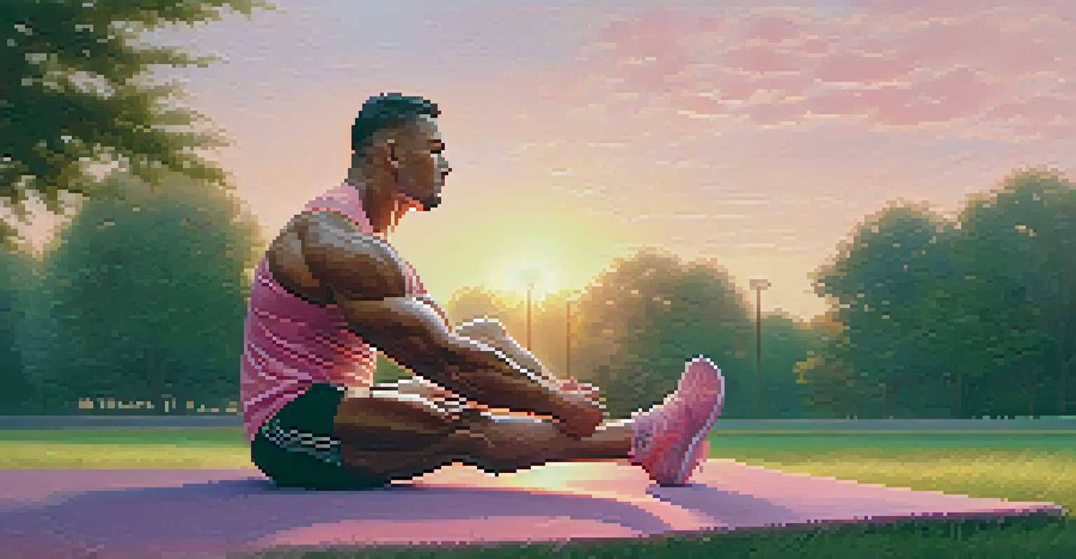 A bodybuilder stretching in a park during sunrise, with colorful skies and dewy grass.